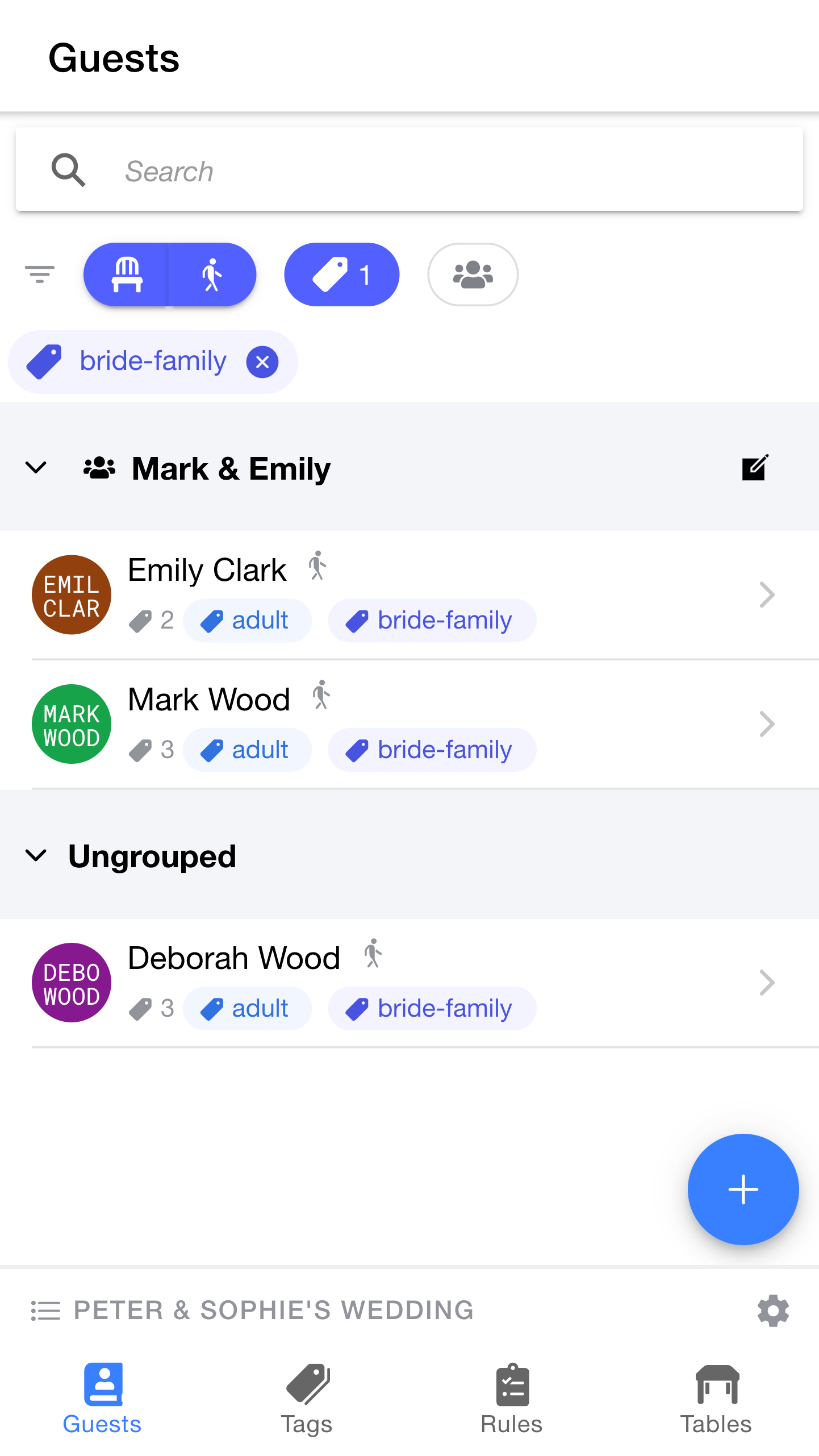 Viewing guest list filtered to bride-family tag